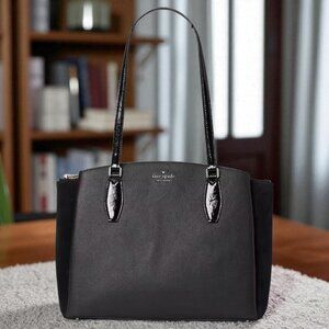 KATE SPADE (LG) TRIPLE COMPARTMENT TOTE Black Pebbled Leather and Suede Side